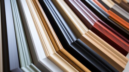 Samples of decorative wooden picture frames. Multi-colored frames lying on a table. Framing workshop concept.