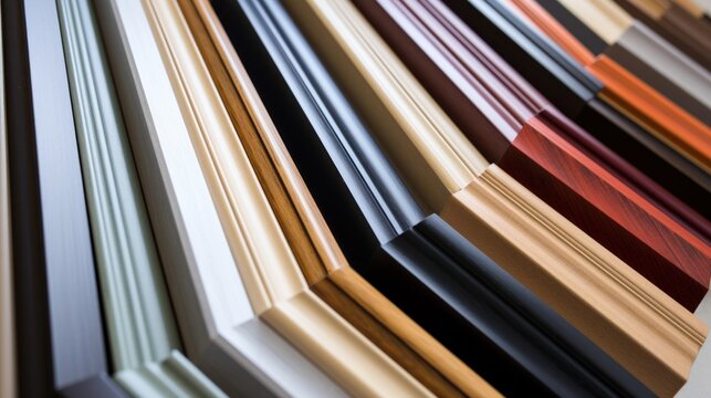 Samples of decorative wooden picture frames. Multi-colored frames lying on a table. Framing workshop concept.