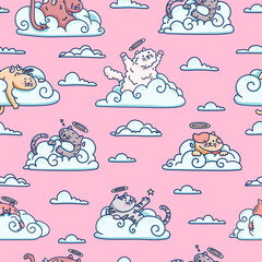 Cute pattern with fluffy angel cat on cloud. Seamless pattern for children room. Illustration of kitty in sky for textile. Vector