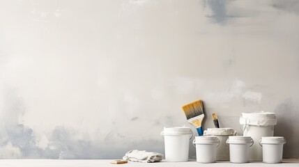 Repair and painting tools of walls in room. Renovation and decoration