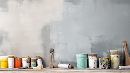 Repair and painting tools of walls in room. Renovation and decoration