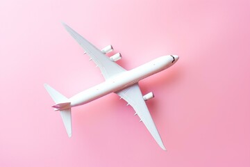 White airplane on pastel pink background with copy space. Minimal style flight and travel concept. Generative AI
