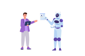 Robot holds CV, resume. Robot replace people at work  concept. Vector illustrations.