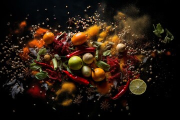 Spices explode on a dark backdrop. Generative AI
