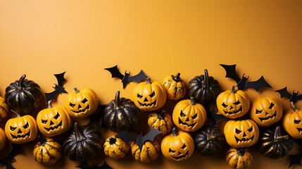 Orange background with bats and pumpkins, jack-o-lantern 1