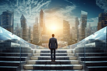 Obraz premium Back view of businessman walking up stairs on city background. Career and success concept