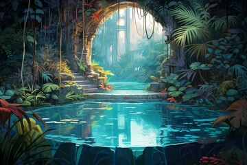 Illustration of a hidden pool with turquoise water surrounded by a vibrant tropical jungle. Generative AI