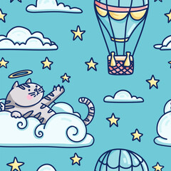 Cute pattern with fluffy angel cat on cloud. Seamless pattern for children room. illustration of kitty with air balloon in sky for textile. Cartoon style. Vector