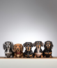 Large group of dachshund dogs in front of a white background