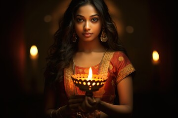 Obraz na płótnie Canvas Indian woman in traditional indian dress holding diya Lamps lantern Diwali celebration concept 