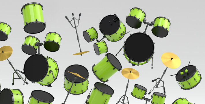 Many of flying drums with metal cymbals or drumset on white background