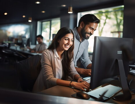 Business Team Working On Computers In Office. Friendly Atmosphere At Work Concept. AI Generated