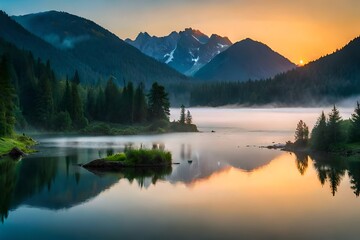 stunning scene of lake and mountains generated by ai
