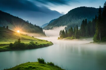 beautiful evening view of lake in the mountains