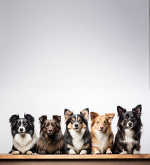 Large group of different dogs in front of a white background