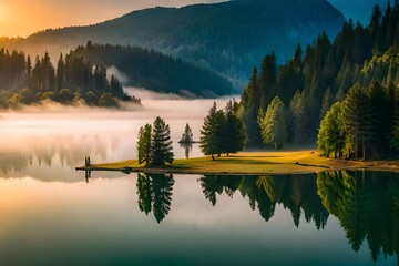 sunset  on the lake with mountains generated by ai