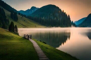 beautiful view of lake and sun in mountains generated by ai