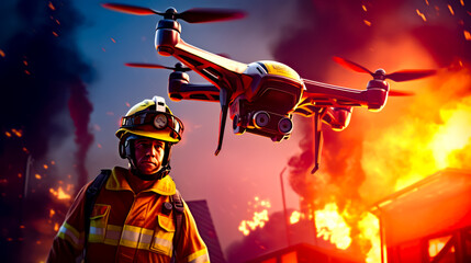 Man in firefighter's uniform holding remote control helicopter in front of fire.