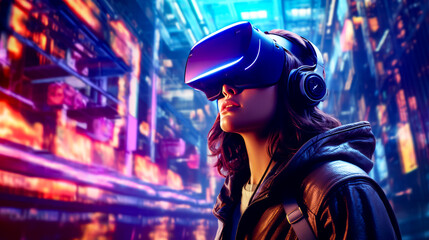 Woman wearing virtual reality headset in futuristic city at night.