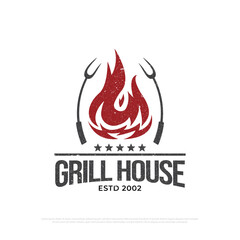 Grill house barbecue logo design with grunge style, retro BBQ vector, barbeque bar and restaurant icon, Red fire icon vector illustration