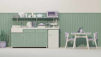 Green kitchen room and minimalist interior design. Stylish living pastel tone room interior of modern apartment and trendy furniture Home decor, 3D render, 3D illustration