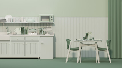 Green kitchen room and minimalist interior design. Stylish living pastel tone room interior of modern apartment and trendy furniture Home decor, 3D render, 3D illustration