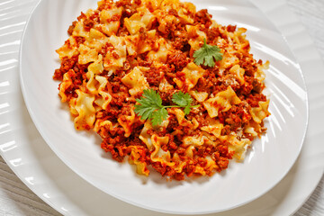 Lasagnette bolognese on white plate, top view