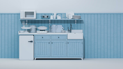 Blue kitchen room and minimalist interior design. Stylish living pastel tone room interior of modern apartment and trendy furniture Home decor, 3D render, 3D illustration