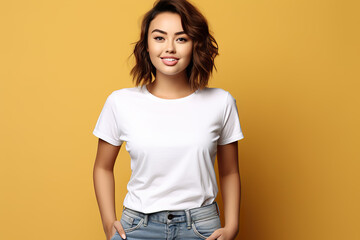 Obraz premium Young Woman Models Bella Canvas White Shirt Mockup Against Vibrant Yellow Background. created with Generative AI