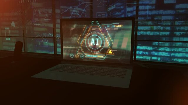 Artificial intelligence works on an office laptop. 3D render