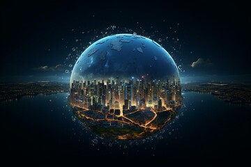 Night view of Earth representing business, politics, media, and ecology, featuring iconic NASA elements. Generative AI