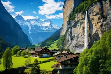  Stunning Swiss alps view of Lauterbrunnen village, featuring church and cascading waterfall. Generative AI © Oberon