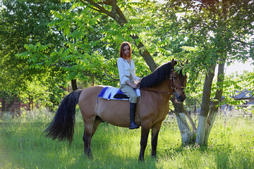 Pretty girl and bay horse during the sunny day in summer evening