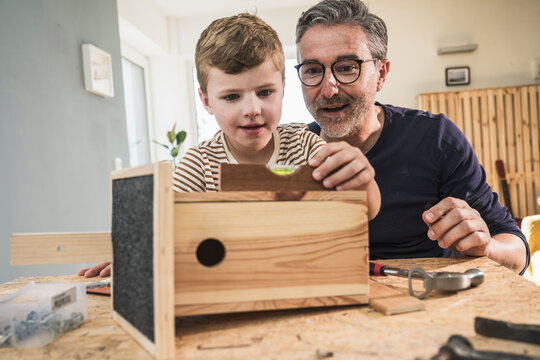 Boy making birdhouse with grandfather in living room