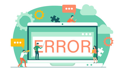 Fototapeta premium Warning error, businessmen looking at an internet failure screen on computer, page unavailable. Caution sign on laptop. Concept of technical support, website maintenance services, security message
