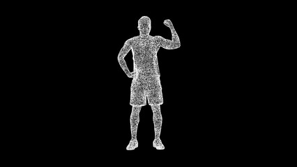 3D man shows his biceps on black background. Sports and Competitions concept. Fitness and Training. Business advertising backdrop. For title, text, presentation. 3d animation.