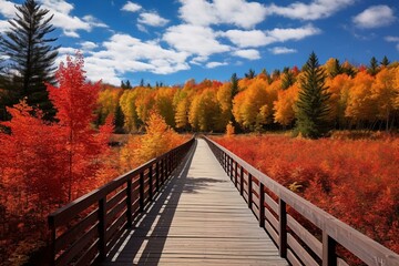 Fototapeta na wymiar Vibrant autumn foliage lines boardwalk in upper Michigan. Generative AI