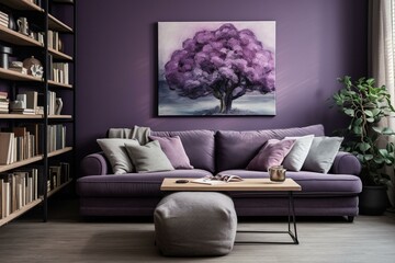 Purple living room with Scandinavian interior and a sofa. Generative AI