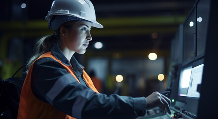 Woman in a hard hat using a tablet for construction site management