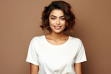 Obraz premium A Young Woman Showcases Bella Canvas White Shirt Mockup Against a Chic Beige Background, the Ultimate T-Shirt Design Template and Print Presentation Mock-Up. created with Generative AI