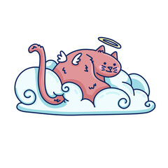 Isolated illustration of a cute angel cat on the clouds. Cartoon style. Vector