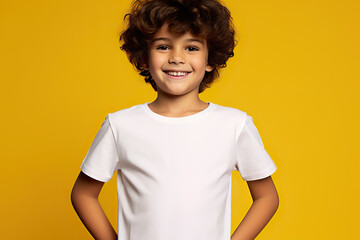 A Young Boy Flaunts His Look in a Bella Canvas White Shirt Mockup Against a Vibrant Yellow Background, the Ultimate T-Shirt Design Template and Print Presentation Mock-Up created with Generative AI