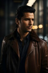 Obraz premium portrait of a man with dark hair in elegant leather jacket