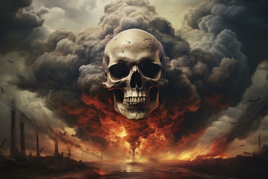 An artwork of a skull enveloped in smoke amidst the apocalypse. Generative AI