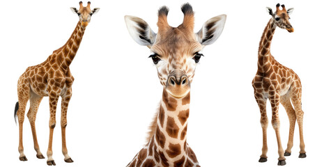 Giraffe collection (portrait, standing), animal bundle isolated on a white background as transparent PNG - obrazy, fototapety, plakaty