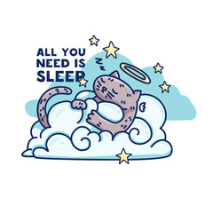 Cute illustration with fluffy angel cat on cloud. Print for children room. Illustration of kitty in sky for textile. Vector