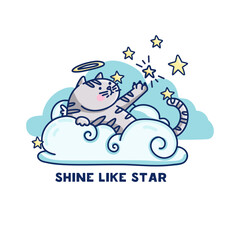 Cute illustration with fluffy angel cat on cloud. Print for children room. Illustration of kitty in sky for textile. Vector
