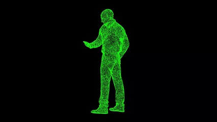 3D man with mobile phone on black background. Modern technology concept. Learning and Social Media. Business advertising backdrop. For title, text, presentation. 3d animation.