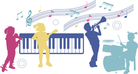 Banner with colorful silhouettes of children play music on various instruments and sing, flat cartoon vector illustration on white background.
