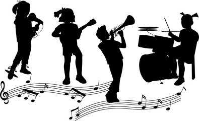 Black silhouettes of kids play musical instruments, children development and creativity concept,...